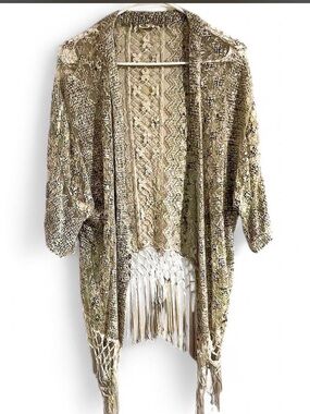 Hollister Cream and Grey Fringe Open-Knit Cardigan